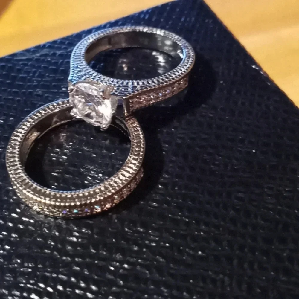 NEW Diamond‎ Simulant Engagement Band Ring Set